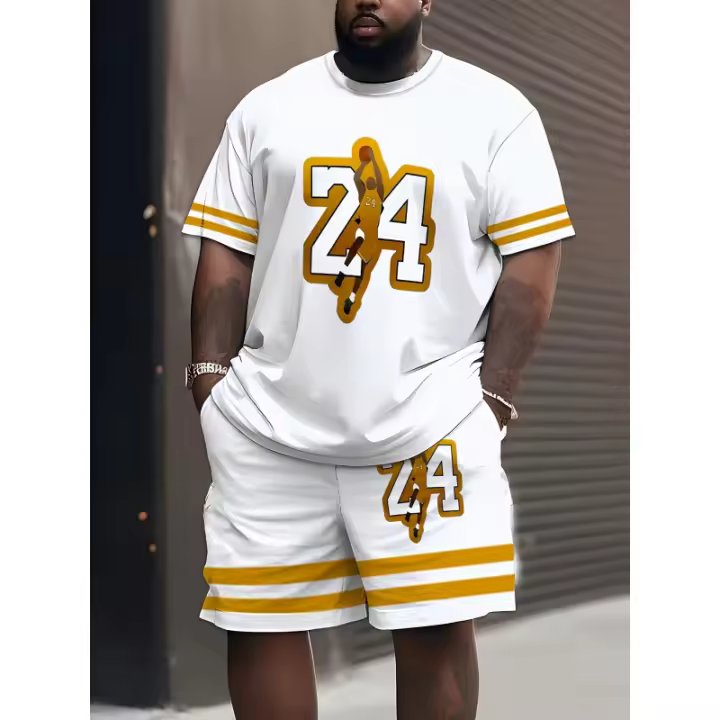 Conjunto de traje deportivo informal de verano con cordón para hombre, talla grande, que incluye pantalones cortos y camiseta sin mangas, poliéster 95% + spandex 5%, cuello redondo, ligero estiramiento, estampado completo, con bolsillo - 1