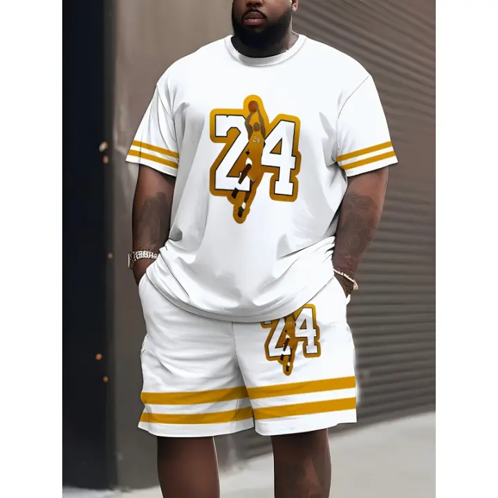 Conjunto de traje deportivo informal de verano con cordón para hombre, talla grande, que incluye pantalones cortos y camiseta sin mangas, poliéster 95% + spandex 5%, cuello redondo, ligero estiramiento, estampado completo, con bolsillo - 1