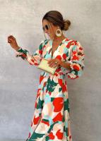 Vestidos estampados de Color para mujer primavera otoño nuevo cuello en V manga larga volantes vestido con abertura moda señora Vestidos de viaje - details 2