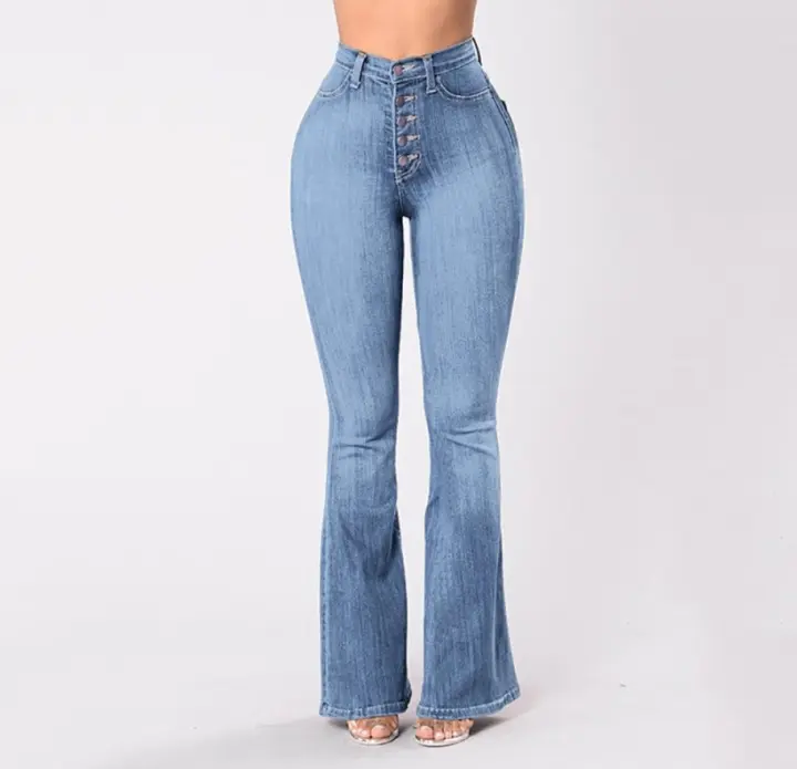 Suministro de jeans elásticos de pierna ancha y cintura alta para mujer - 1