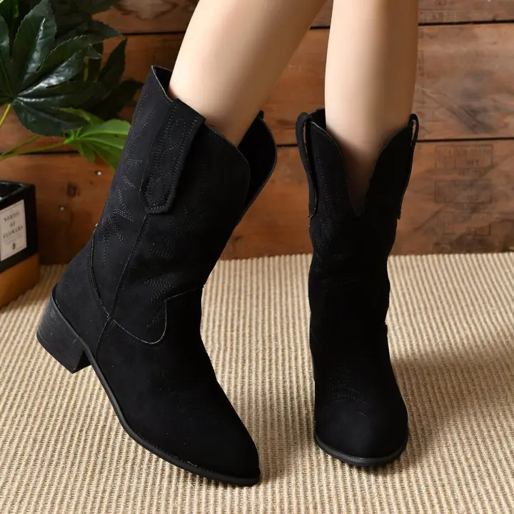 Botas medianas, botas cortas puntiagudas, vaqueras, occidentales, casuales, retro, moda versátil, botas de mujer - 1