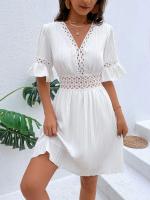 Vestido Blanco Puro de Verano Cintura de Encaje con Parche de Moda Cuello en V Manga Corta - details 19