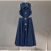 Vestido vaquero largo sin mangas para mujer, traje Sexy con abertura lateral, cuello vuelto, novedad de verano 2024 - details 4