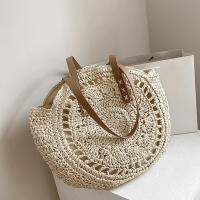 Bolso redondo de paja para mujer, bolsa de hombro de gran capacidad, tejido hueco, informal, ideal para ir de compras - details 11