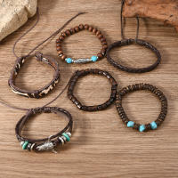 Conjunto de 6 pulseras boho madera cuentas vintage cabeza de toro ojos plumas multicapa artesanales regalos para hombre - details 13