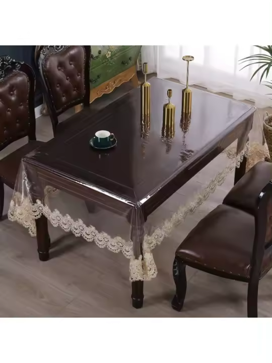 Mantel de Mesa Transparente de PVC Impermeable Encaje Blanco Suave Resistente al Aceite - 1