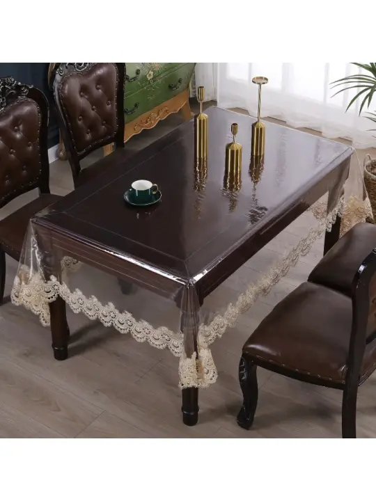Mantel de Mesa Transparente de PVC Impermeable Encaje Blanco Suave Resistente al Aceite - 1