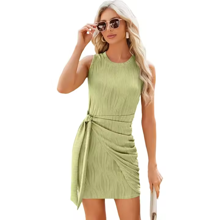 Vestidos cortos informales plisados ​​de punto con cordones sin mangas de verano para mujer - 1