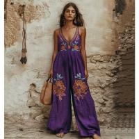 2025 Verano Nuevo, Mono De Pierna Ancha Con Tirantes Florales De Algodón Y Lino Con Estampado Retro Morado. - details 3