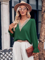 Blusa de retazos de encaje hueco para mujer, elegante camisa de manga larga para oficina, Tops elegantes sólidos sueltos, ropa de moda de otoño - details 18
