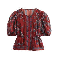 Blusa de Mujer OUWU 2025 Cuello Redondo, Manga Abombada, Estampado Floral, Botones - details 1