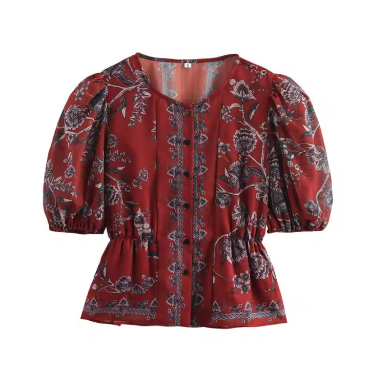 Blusa de Mujer OUWU 2025 Cuello Redondo, Manga Abombada, Estampado Floral, Botones - 1