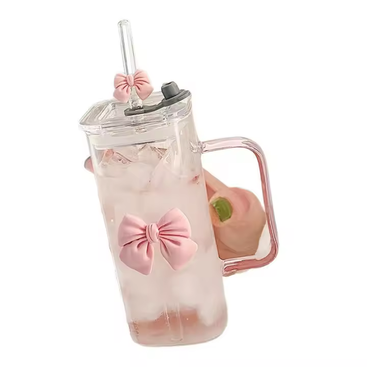 Taza de cristal con diseño de lazo, bonita botella de agua con asa, taza para beber para el hogar, oficina, escuela, regalo para niñas, vasos - 1