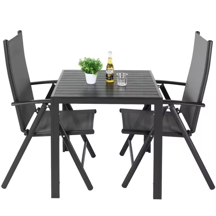 Juego de mesa y sillas de aluminio para jardín, 3 piezas, plegables ajustables, con respaldo alto y mesa de 75x75x72 cm - 1