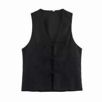 Chaqueta holgada de dos piezas con botones para el verano 2025, pantalones anchos de cintura alta y blazer con cuello en V y lazo. - details 2