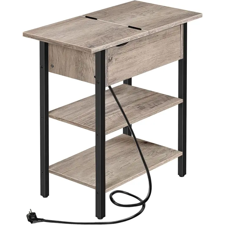Mesa Auxiliar, Mesita de Sofá Abatible con Puntos de Carga y Estante de Almacenamiento, Mesita de Noche Estrecha para Espacios Reducidos, Estructura Estable, Marrón Rústico - 1