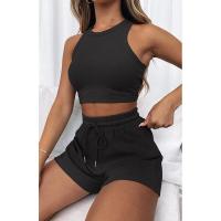 Conjunto de dos piezas de verano para mujer, chaleco sin mangas de color sólido con textura gofre y pantalones cortos casuales de moda. - details 28