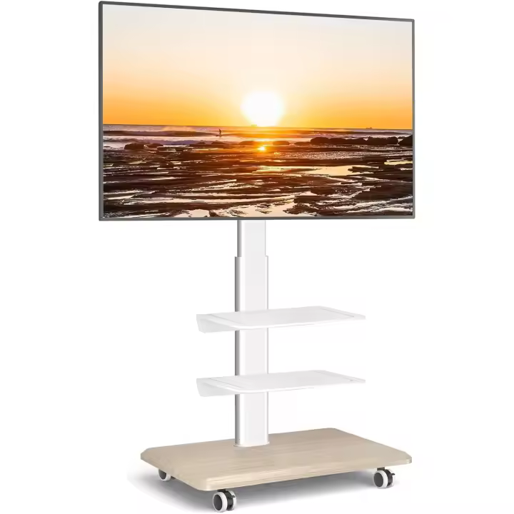 Soporte TV con Ruedas para 26-65 Pulgadas, Pie de Suelo con 3 Baldas, Giratorio y Altura Ajustable, Hasta 35 Kg, VESA Máx 400x400mm, Blanco - 1