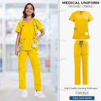 Ropa de trabajo, conjuntos de uniformes elásticos, uniforme de enfermera, uniforme médico para mujer, conjuntos de pantalones rectos de manga corta con cuello en V - details 7