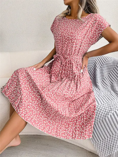 Vestido largo plisado Floral para mujer, de cintura alta vestido elegante, manga corta, línea A, moda de primavera y verano - 1