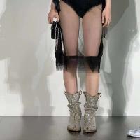 Botas Tabi de mujer con tacón grueso de cien pliegues al aire libre de vaquero occidental con diamantes de agua divididos - details 1