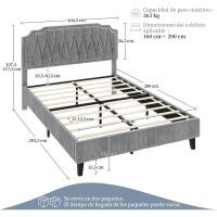 Marco de cama con cabecera tapizada, altura ajustable, soporte de láminas de madera y patas metálicas, color gris oscuro. - details 19
