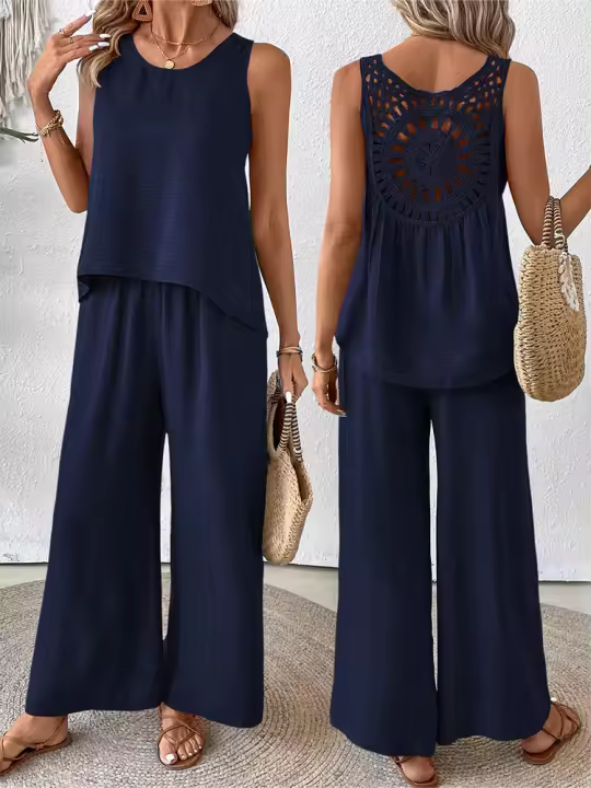 Chaleco informal de dos piezas con encaje calado de Color sólido para primavera y verano para mujer, pantalones largos de pierna ancha - 1