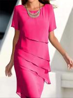 Vestido Chiffon Elegante y Casual para Mujer Cuello Redondo, Manga Corta Desigual, Moda de Verano, Midi Estilo - details 4