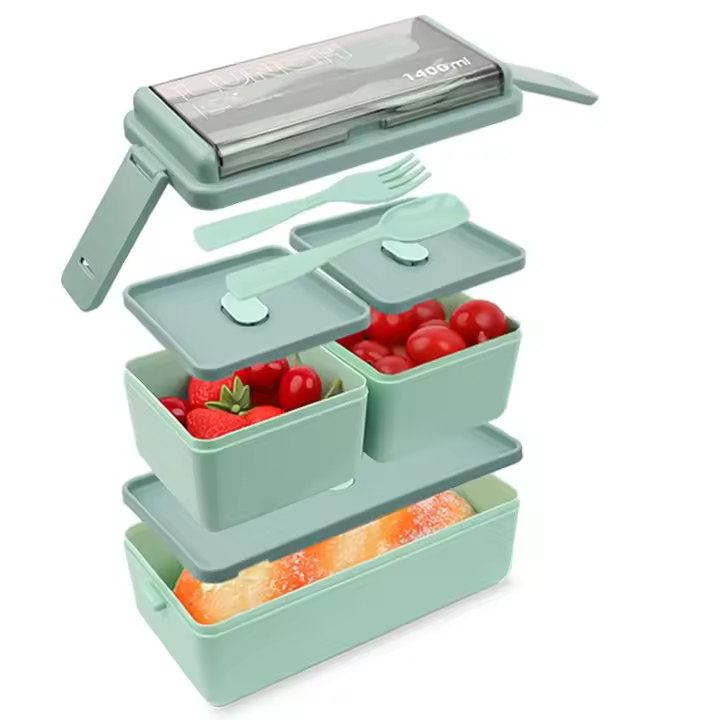 Fiambrera de 1400 ML para niños, Fiambrera con 3 Compartimentos y Cubiertos, para Microondas y lavajitas, L - 1