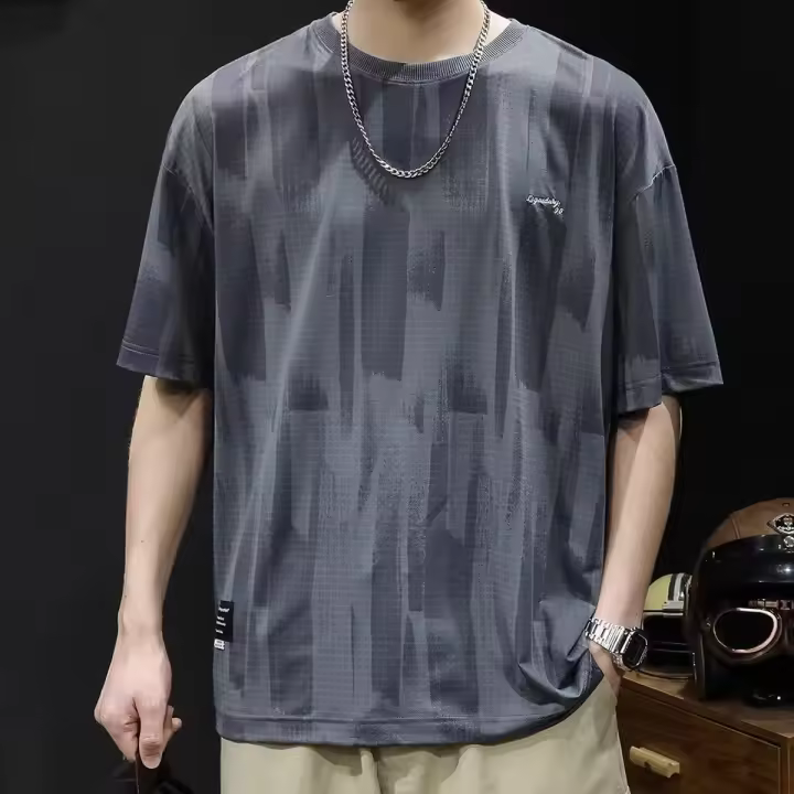 Camiseta de Seda de Hielo para Hombres Manga Corta, Cuello Redondo, Secado Rápido, Talla Grande, Moda Casual - 1