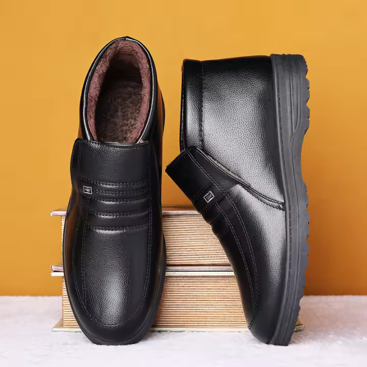 Zapatos casuales de algodón de cuero de caña alta antideslizantes de terciopelo cálido de invierno para hombres - 1