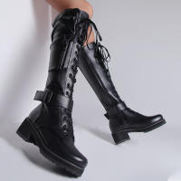 Botas de cuero con cremallera lateral para mujer, botines de tacón bajo a la moda, parte inferior gruesa con cordones, novedad de invierno de 2025 - details 34