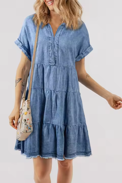 Elrachen Vestido vaquero escalonado con cuello en V para mujer, azul cielo, tallas S-XL - 1