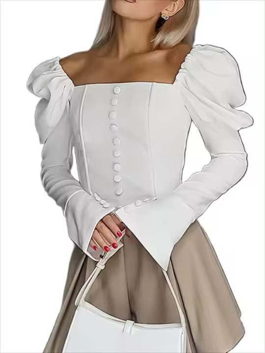 Blusa de mujer, sexy blanca corta con mangas abullonadas, tops elegantes para mujer 2024 - 1