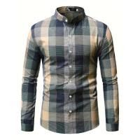 Camisa informal con estampado a cuadros y cuello alto de manga larga para hombre, primavera, otoño, al aire libre - details 8