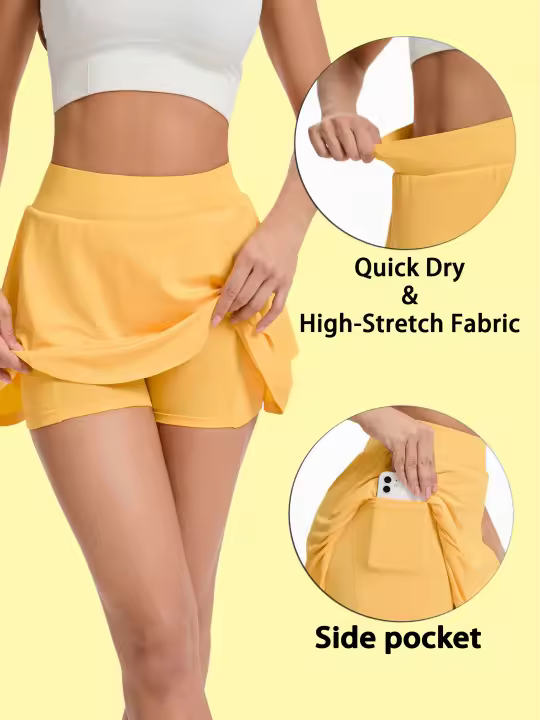Falda de Yoga y Tenis de Cintura Alta para Mujer con Pantalones Cortos Incorporados, Dobladillo con Volantes y Bolsillos Laterales - Ropa Deportiva Elástica para Gimnasio, Entrenamiento y Uso Diario - Amarilla - 1