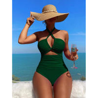 Nuevo traje de baño para mujer, traje de baño de una pieza de cintura alta de Color sólido, Bikini - details 1