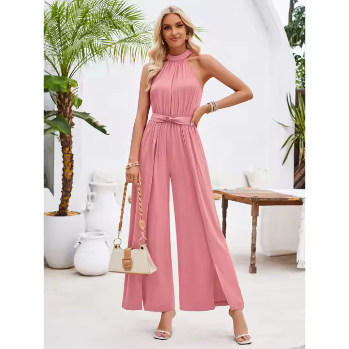 Mono pantalon mujer pierna ancha  Color puro Casual Sexy y elegante Collar COLGANTE Mono plisado - 1