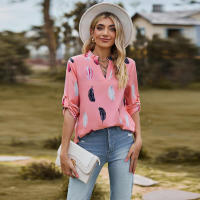 Camisa con estampado de plumas de tres cuartos y manga e para mujer, cuello en V, otoño, nueva - details 1