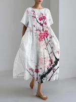 Vestido de mujer de manga corta holgado de talla grande con flor de ciruelo de estilo chino - details 3
