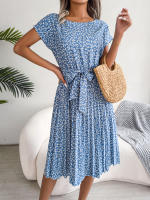 Spring Summer Women Short Sleeve Pleated Long Dress Elegant High Waist Floral Fashion A-line Dress - details 5