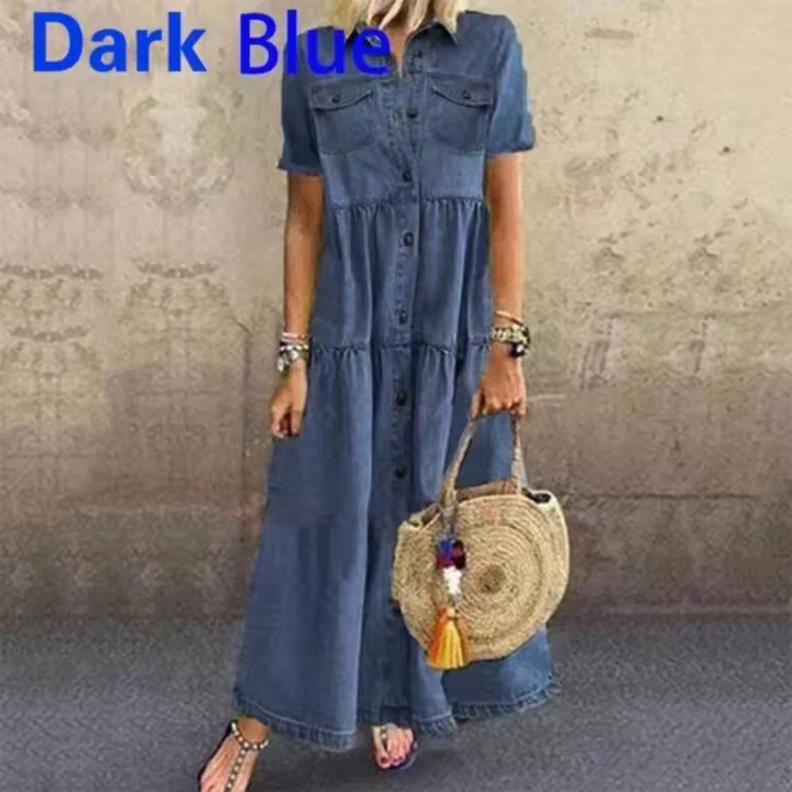 Vestido Denim Suave y Delgado Manga Corta, Estilo Retro con Bolsillos y Botones - 1