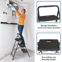 3 Escalones, Capacidad de 272KG con Pedales Antideslizantes Anchos, Taburete Escaleras de Mano de Acero, Manubrio de Esponja, Uso en Interiores y Exteriores, Negro - details 4