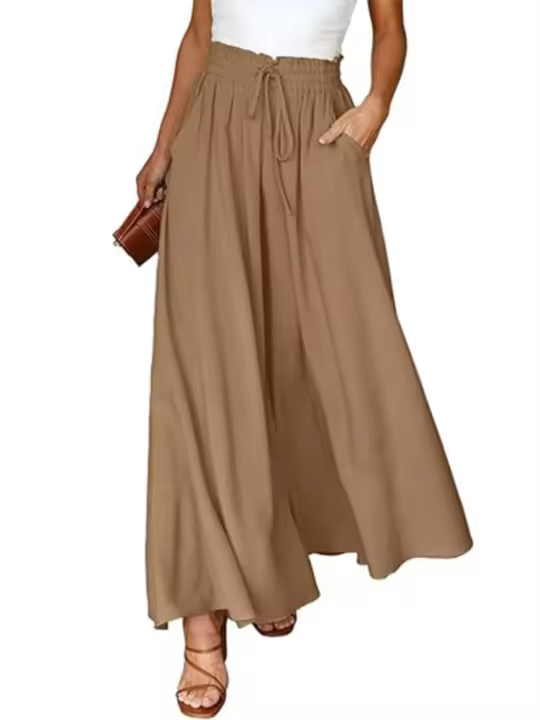 Pantalones de pierna ancha lisos de moda coreana de lino de cintura alta con cinturón - 1
