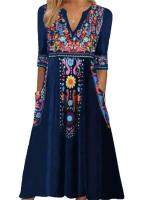Vestidos Vintage para mujer, vestido Midi de moda con manga de siete cuartos y bolsillo con cuello en V y estampado bohemio para mujer - details 2