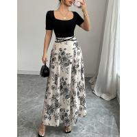 Ropa de mujer europea y americana vestido largo de manga corta con estampado floral de temperamento de elegancia casual para mujer - details 1