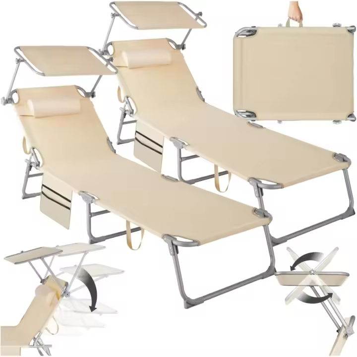 Set de 2X Tumbonas Jardín Exterior, Tumbonas Plegables con Reposacabezas, Parasol y Bolsillo Lateral, Tumbonas Playa Reclinables 4 Posiciones, Tumbona Piscina Resistente a Intemperie - Beige - 1