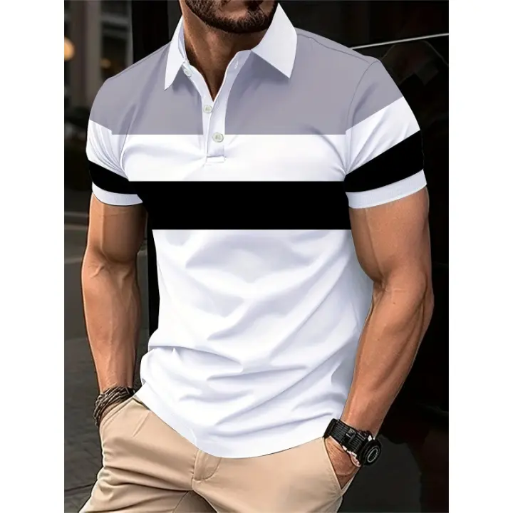 Camisa polo 3D Verano con botones de empalme e impresión digital para hombre, estilo deportivo. - 1