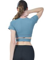 Tops cortos cruzados para mujer, camisa deportiva de manga corta para Yoga, color azul - details 3