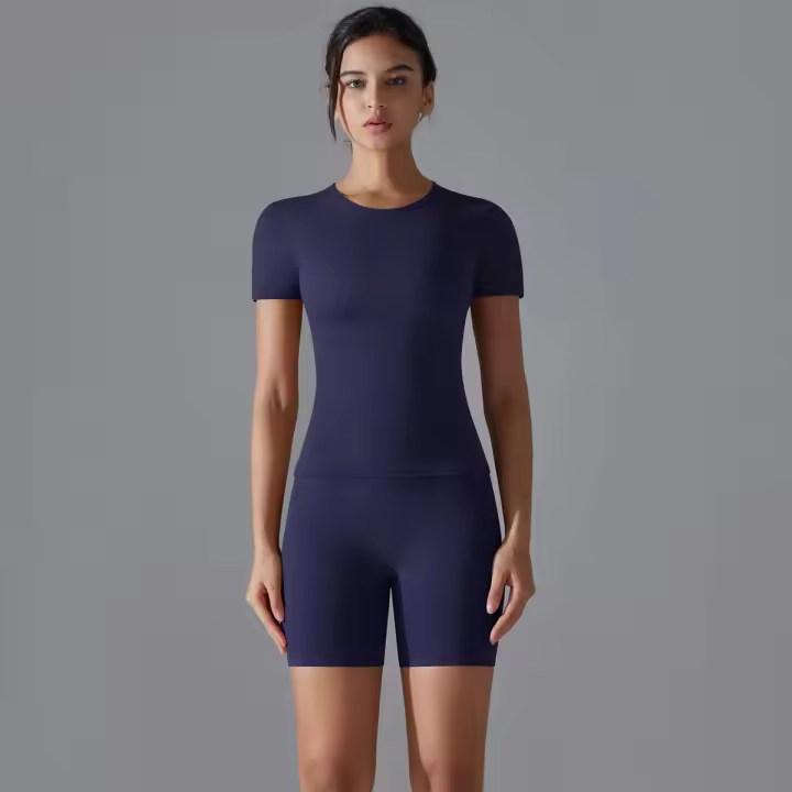 Chándal de cuello redondo para mujer, camiseta de ciclismo de secado rápido, ropa de entrenamiento transpirable, pantalones cortos deportivos para correr y gimnasio - 1